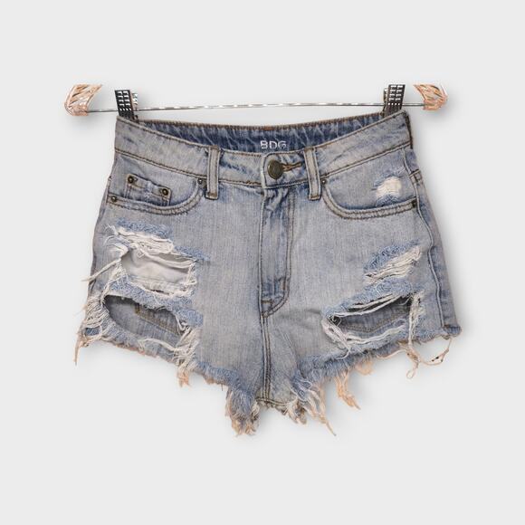 BDG Pants - Womens BDG High Rise DREE Cheeky Distressed Blue Jean Shorts Size W25"